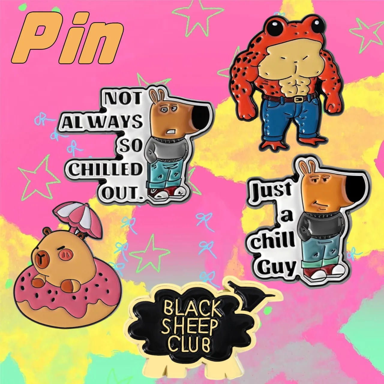 Cartoon Cool Dog Enamel Pins Just A Chill Guy Animal Muscle Frog Metal Brooches Backpack Lapel Badge Funny Jewelry Gift Wholesal