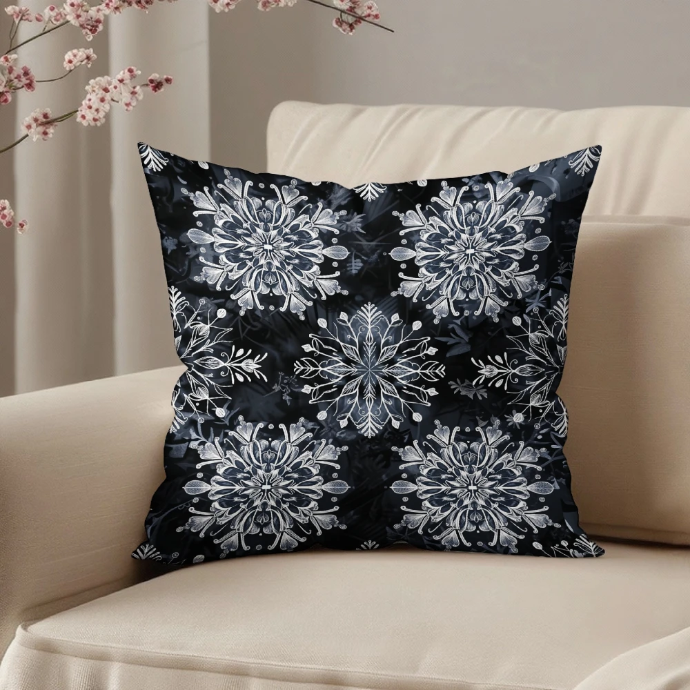 Square Throw Pillow Case Black White Floral Mandala Print Decorative Cushion Cover For Living Room Sofa Bedroom Home Decor