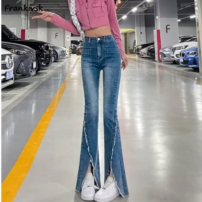 

Frayed Jeans Women Slit European Style Retro High Waist Elegant Streetwear Full Length Solid Summer Asymmetrical