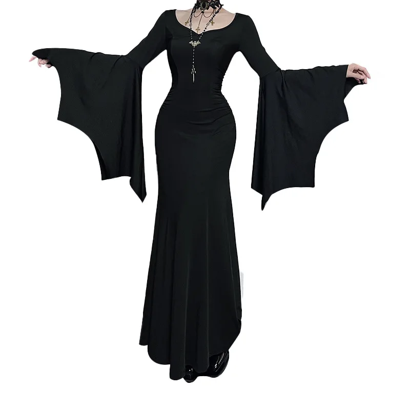 New Cosplay Costume Sexy Solid Color Slim Fit Bat Sleeve Fishtail Skirt Gothic Theme Party Role Playing Outfits for Adult Women