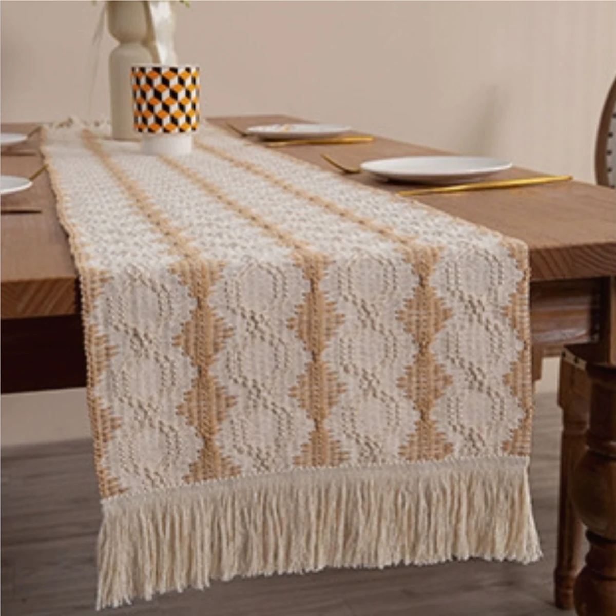 Dining Home Decor Yellowandwhite alternating table flag cotton and linen tablecloth handmade tassel tea mat home long decorative