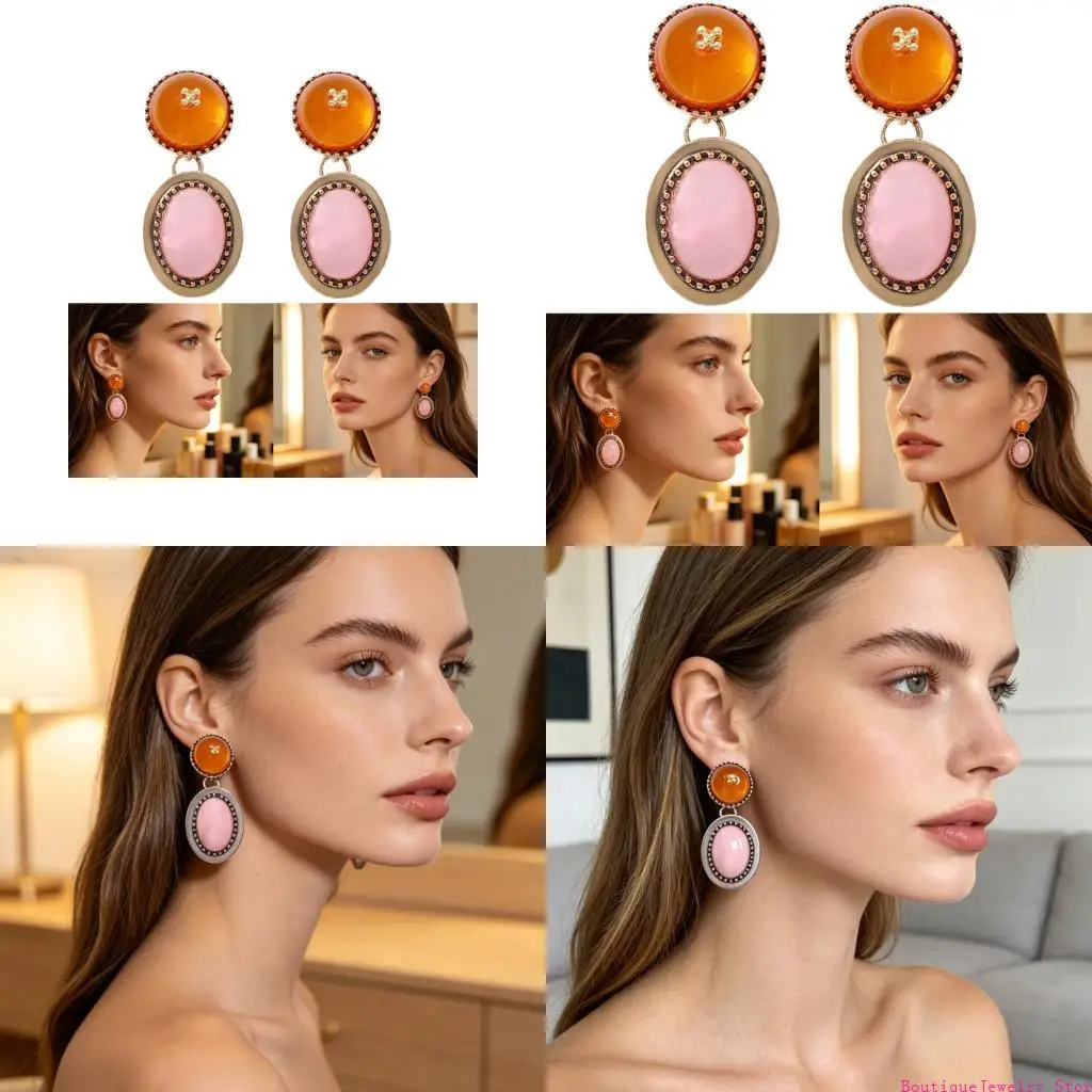 E1PE Oval Dangle Earrings Retro Geometric Pair with Amber Top Accent, Alloy Resin Jewelry for Daily Outfit