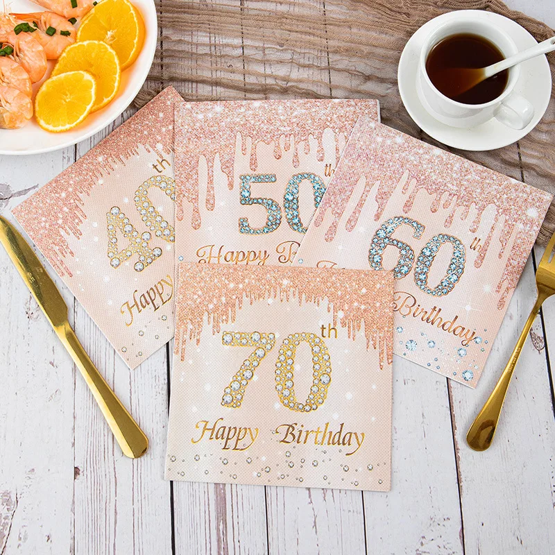 20Pc Rose Gold Number 40th 50th 60th 70th Years Old Disposable Paper Napkins for Women Happy Birthday Party Tissue Decoration