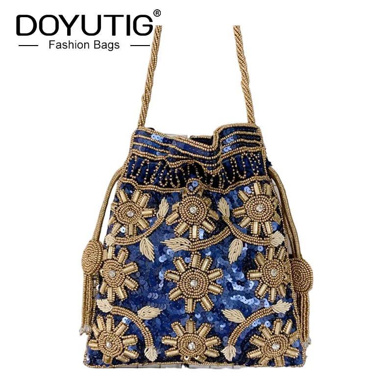 DOYUTIG Indian Handmade Sun Flower Beads Shoulder Bag Women\'s Classical Travel Handbag Lady Fashion Seaside Style Bucket N005