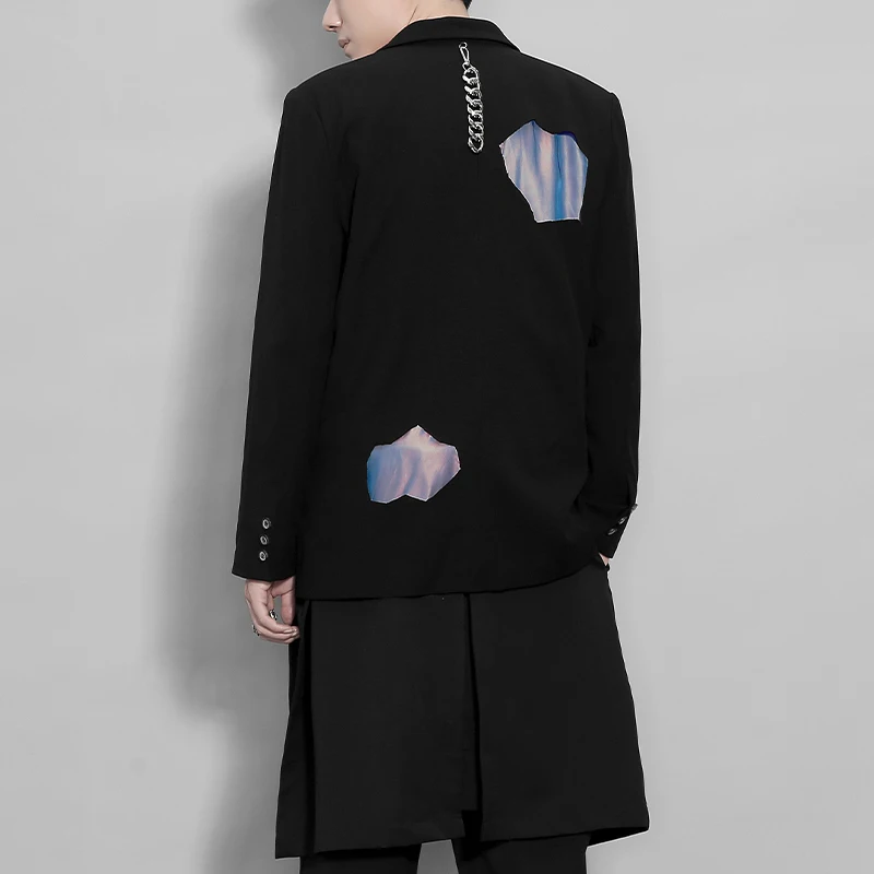 

﻿Men's Original Design Trendy Blazer Retro Irregular Cutout Color Block Splice Chain Decor Aesthetic Black Casual Loose Jacket