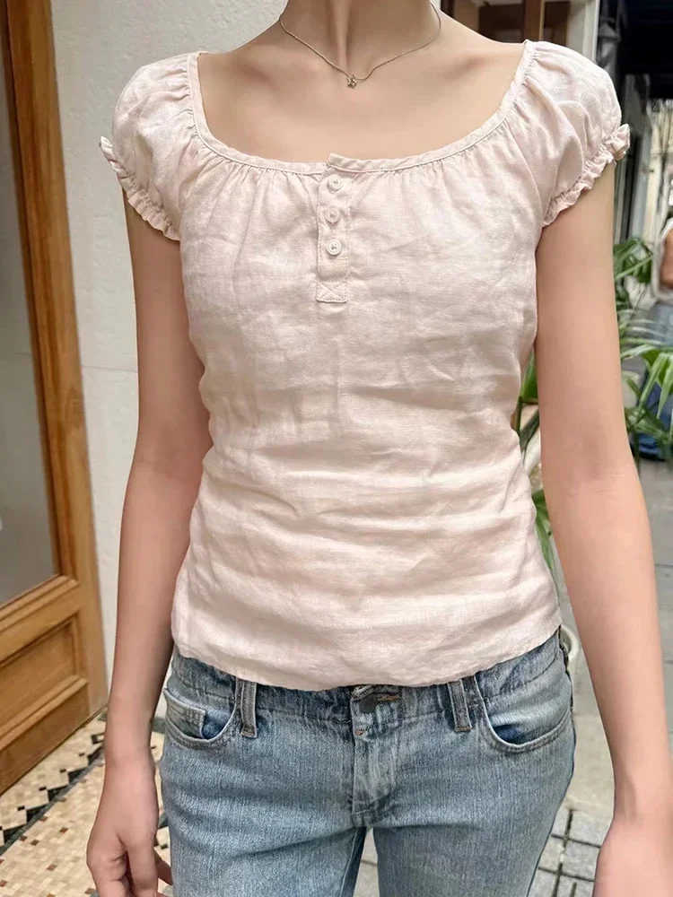 Women Sweet Pink Linen Lace-up Slim T Shirt 2024 Summer Buttons O-neck Puff Sleeve Blouse Vintage Preppy Solid Cute Tees Y2k