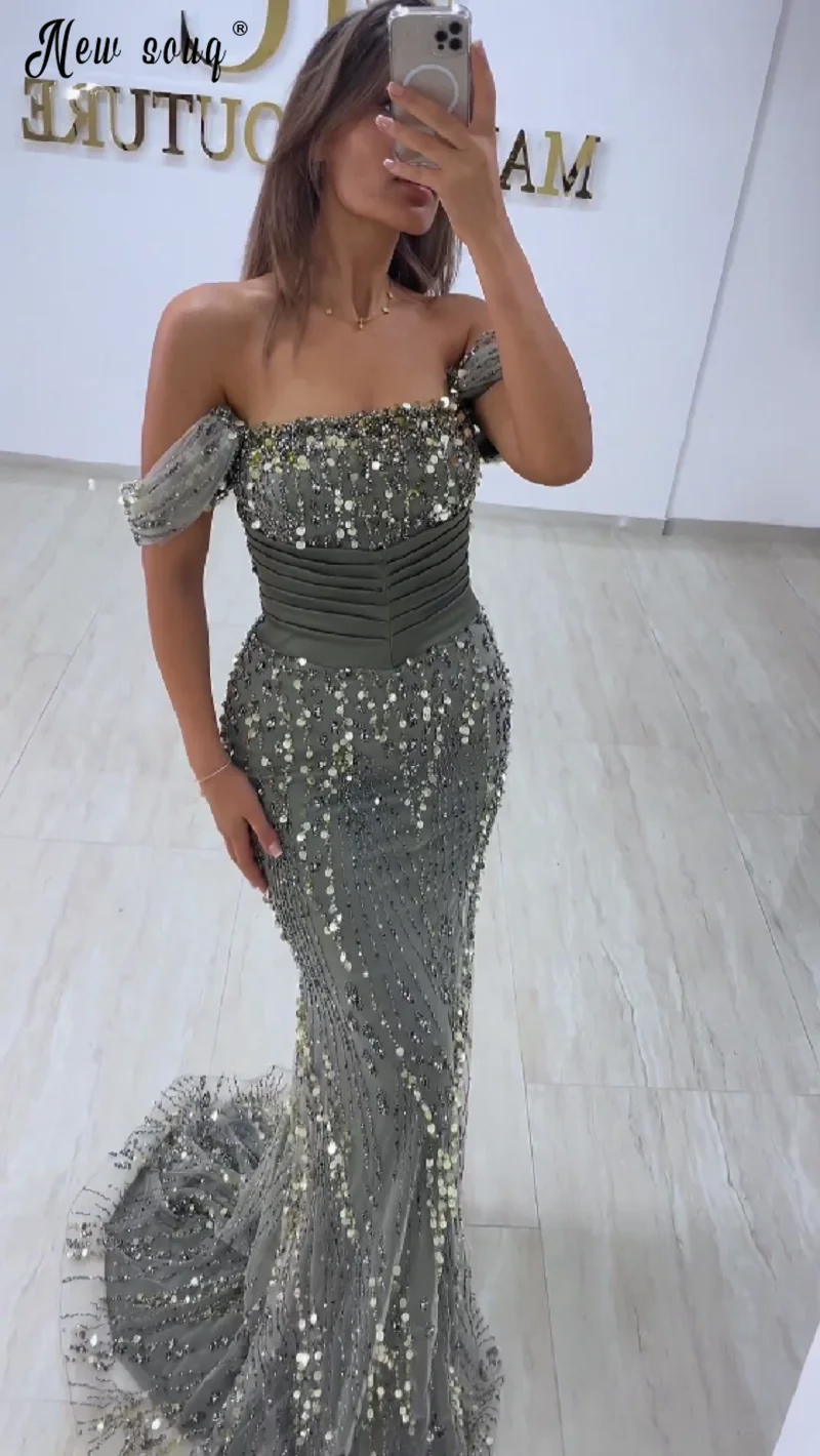 

Off Shoulder Silver Sequins Party Dress 2024 Arabic Long Evening Dress Formal Occasion Dresses Vestidos De Fiesta Custom Made