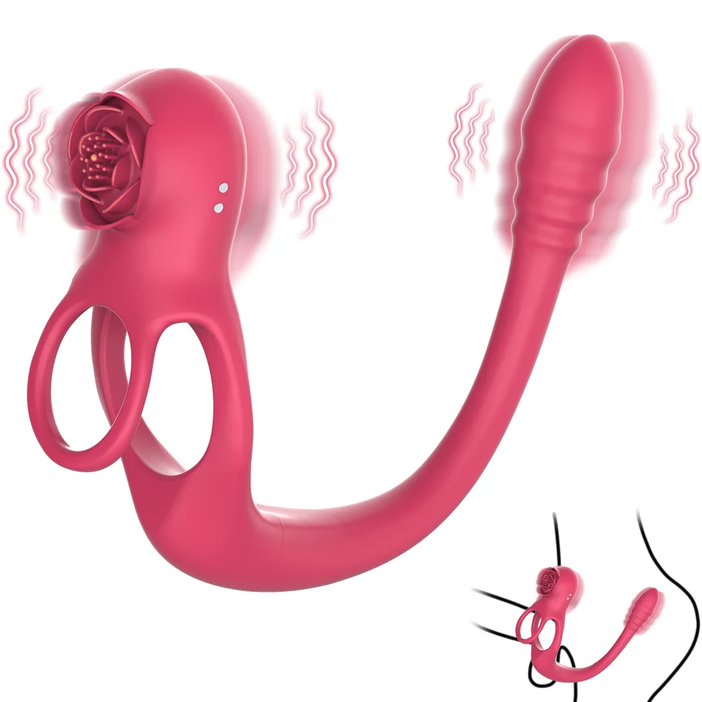 

Upgraded Vibrating Penis Ring Sleeve with Rose Clitoral Vibrator, Cock Ring & Anal Butt Plug Prostate Massager 10 Vibration Mo