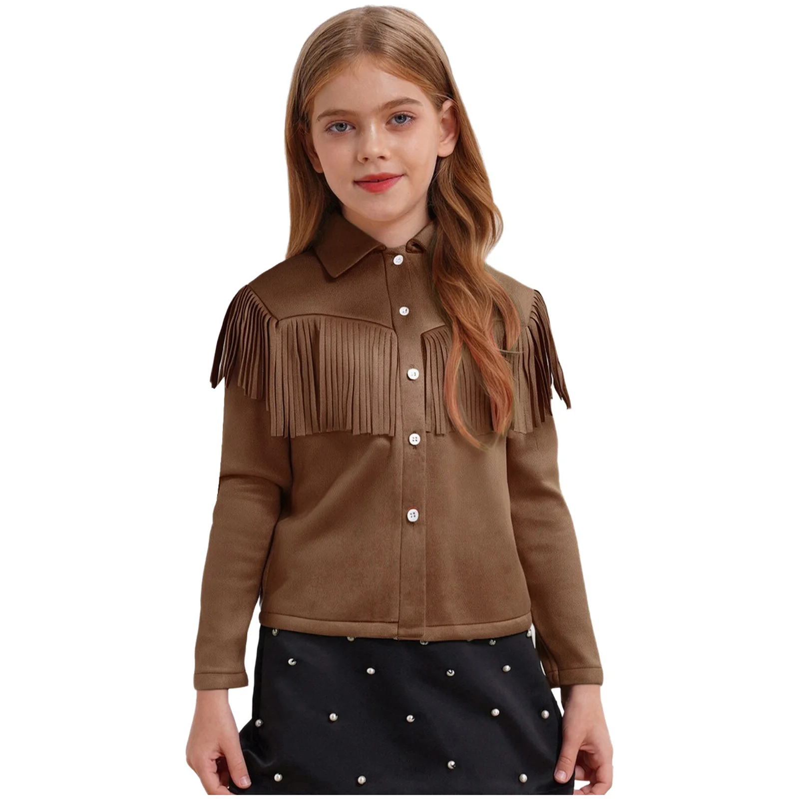 Boys Girls Western Cowboy Cowgirl Costume Long Sleeve Vintage Fringe Suede Coat Top Halloween Carnival Party Cosplay Dress Up - view 3