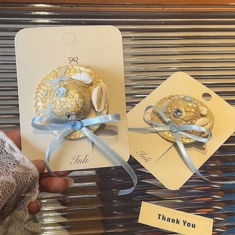 New Seaside holiday wind hairpin straw shell hat broken cute bow clip girl hairpin duckbill clip female headdress. view 2