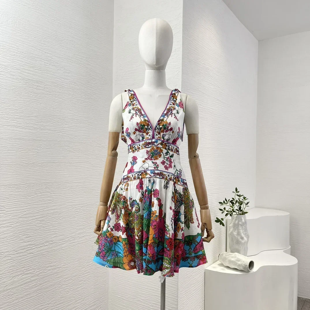 Silk Linen High Quality Beach Style 2024 Sleeveless Multi Color Floral Print Lace Up Bow Tie Shoulder Women Summer Mini Dress