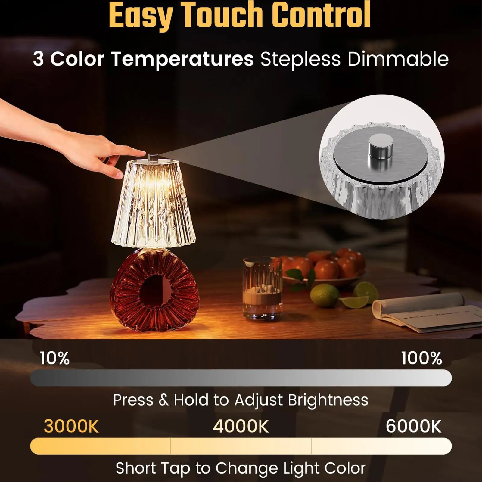 Wireless Bottle Lamp 3-Color Touch Dimming Cordless Lampshade Rechargeable Wine Bottle Lights for Bedroom Living Room Kitchen
