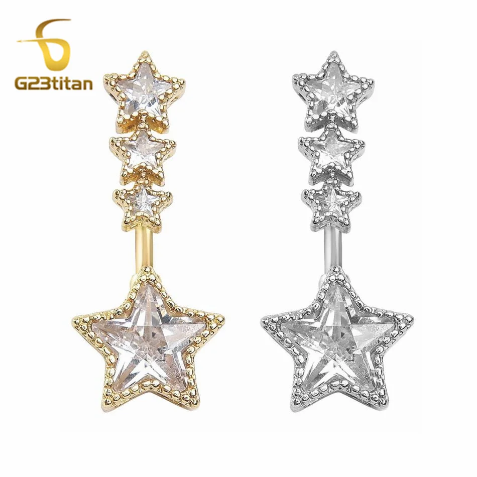 High Quality Star Zircon Belly Button Rings 6-16mm 14G Length Titanium or Steel Bar Body Piercing Anti Allergic Navel Jewelry