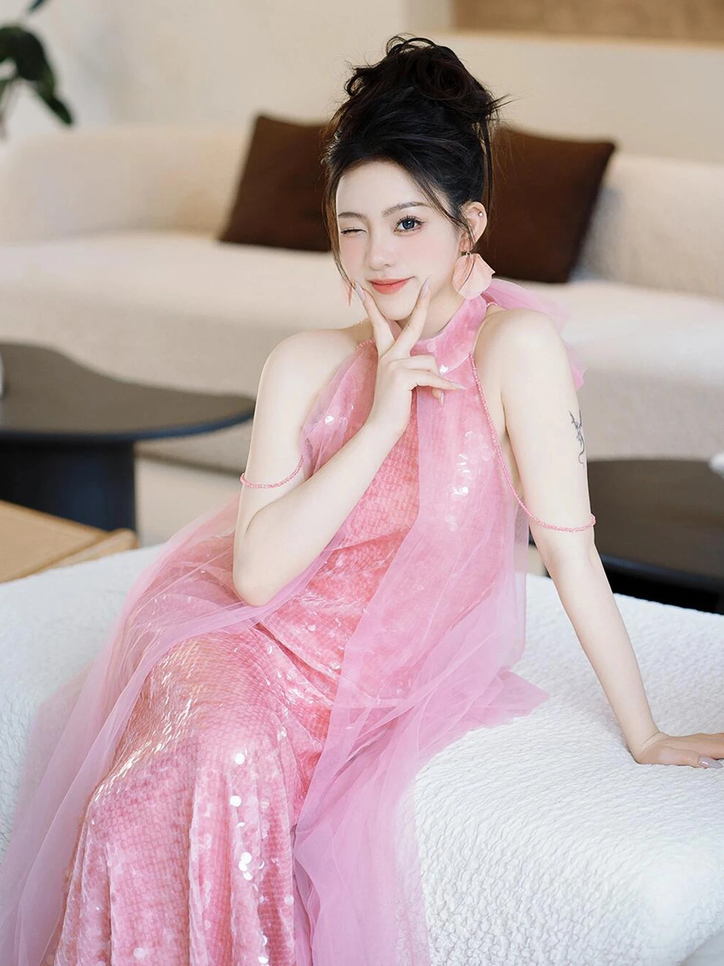 

Pink Morning Robe Engagement Dress Luxury Small Audience High End Evening Gown New Chinese Style Hanging Neck Drinking Dress