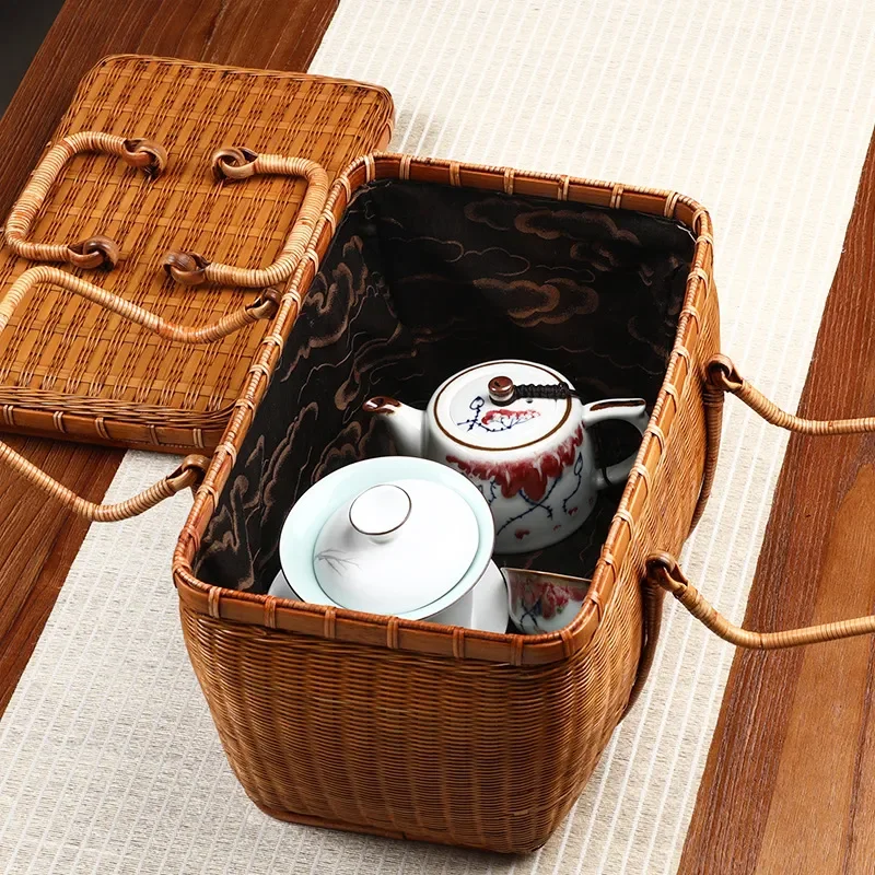 Handmade Bamboo Woven Tea Box Portable Chinese Retro Basket for Tea Ceremony Set Storage Bag Women Travel Organizer Case