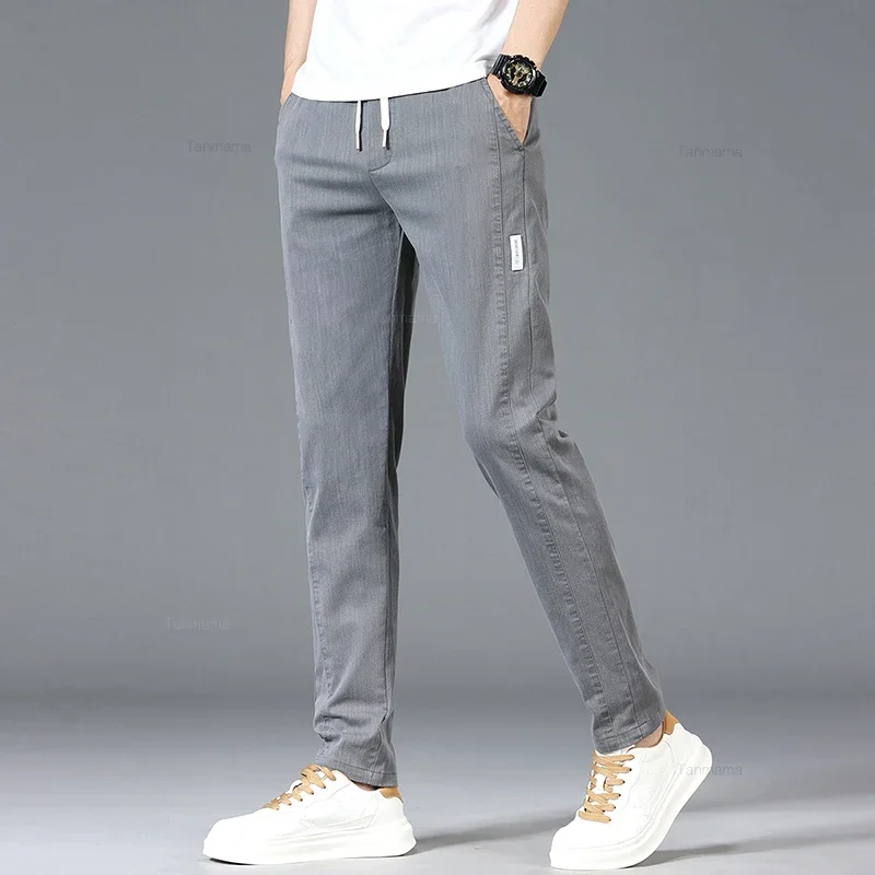 Summer Thin Men\'s Casual Pants Cotton Business Slim Straight Trousers Fashion Elastic Waist Korean Style Blue Gray Green Khaki