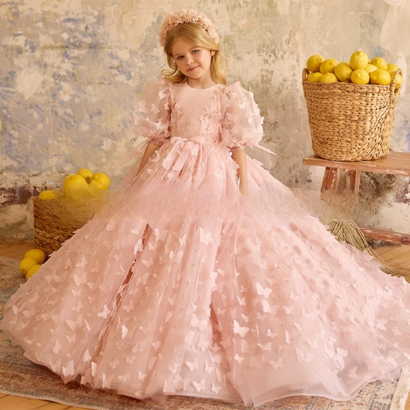 New Pink Girls Princess Party Dress Flower Girl Wedding Birthday Celebration Pageant Costume Gown for Host Piano Performance