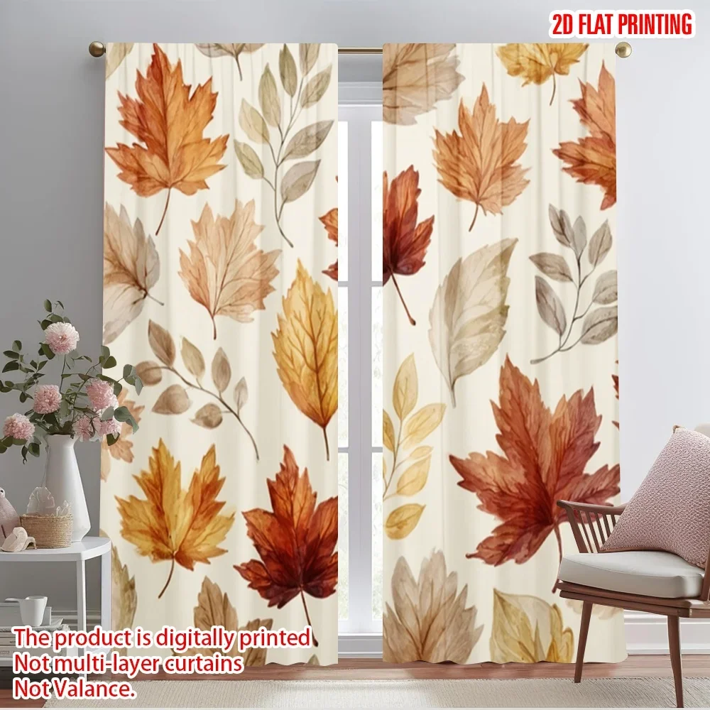 2pcs 2D flat printing Curtain Autumn Fall Leaves Fabric Without Electricity Festive Curtains for Photo Booths & Holiday