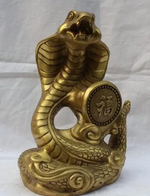 Copper Statue  China Chinese Brass Folk Fengshui Fu Rich Wealth Zodiac Year Eye Snake Statue