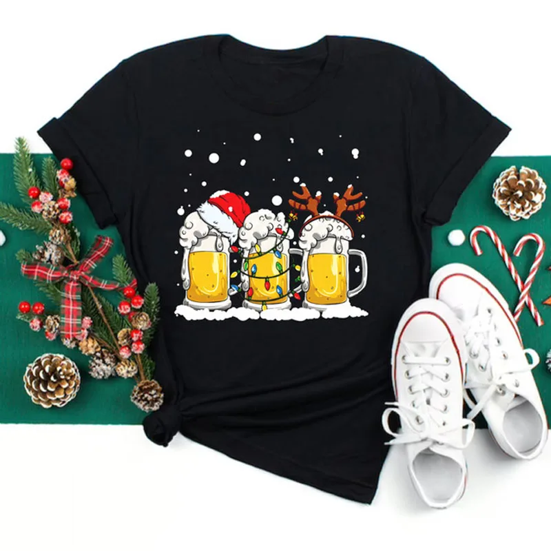 

2023 Merry Christmas T-shirt Fashion Women T-shirt Red Wine and Christmas Hat Printed Tops Short Sleeve Female Graphic Tee Shirt