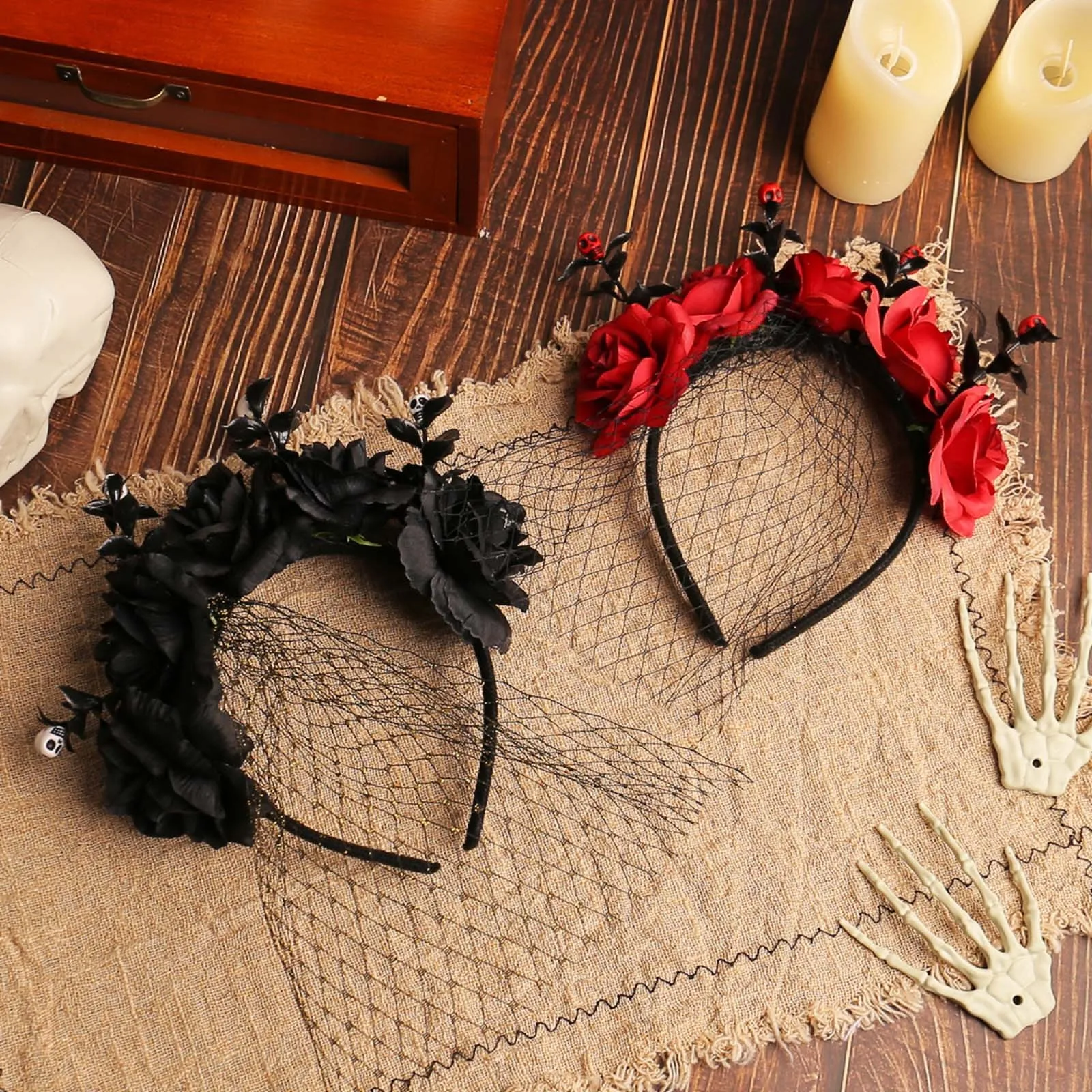 할로윈 꽃 레이스 베일 머리띠, 죽은 왕관 코스프레 헤어 후프, 여성 할로윈 코스튬 파티 액세서리