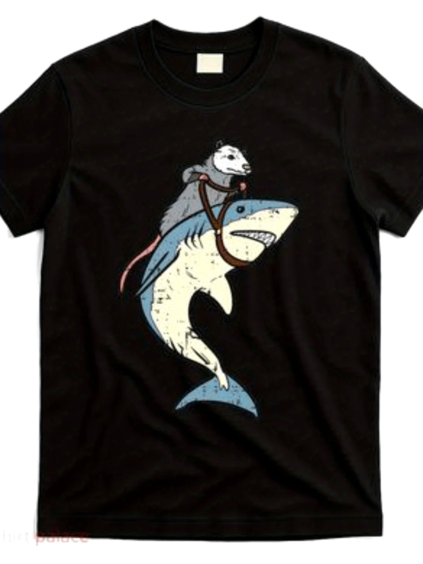Opossum Riding Shark Graphic T-Shirt - Retro Streetwear Style with Opossum & Shark Print - Comfortable Casual Round Neck Tee for Casual Attire, Outdoor Activities & Year-Round - Funny Possum Shirt