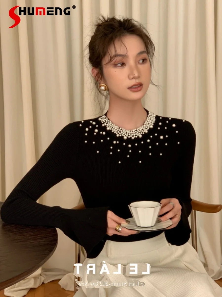 

High-end Super Nice Bead Flared Sleeve Sweaters Women's 2024 Autumn Winter Fashion Knitted Bottoming Shirt Long-sleeve Inner Top