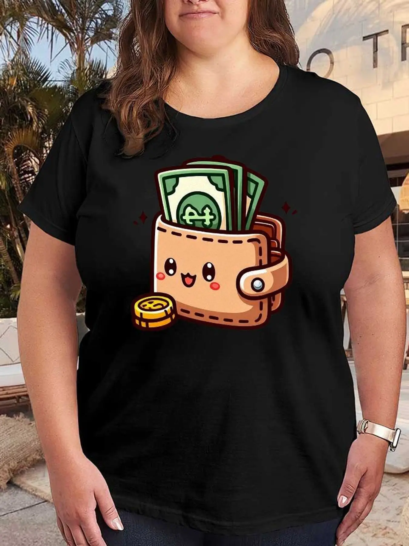 Cute Money Wallet Graphic T Shirt Women Fashion Stretchy Plus Size Short Sleeve Casual Soft Cotton Tee Aesthetic Funny Summer Clothes