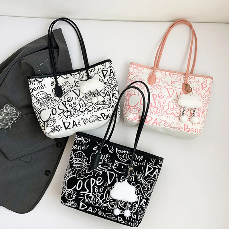 1pcs Canvas bag Large-capacity Bag Women's Fashion Printed Canvas Graffiti Tote Bag Cute Shoulder Bucket Bag