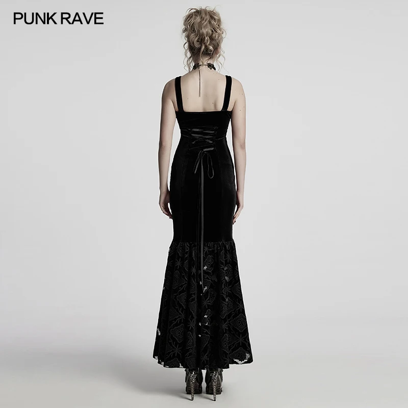 펑크 레이브 여성 고딕 레트로 벨벳 수 놓은 드레스 매끄러운 우아한 커팅 Pleated 밑단 Drawstring 파티 클럽 롱 드레스