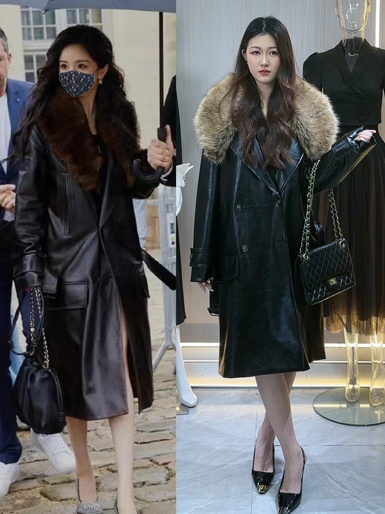 Black PU Leather Jacket Women's Loose Belted Coat Casual Elegant Mid-Length Suiting Commute Style Long Sleeve Single Button
