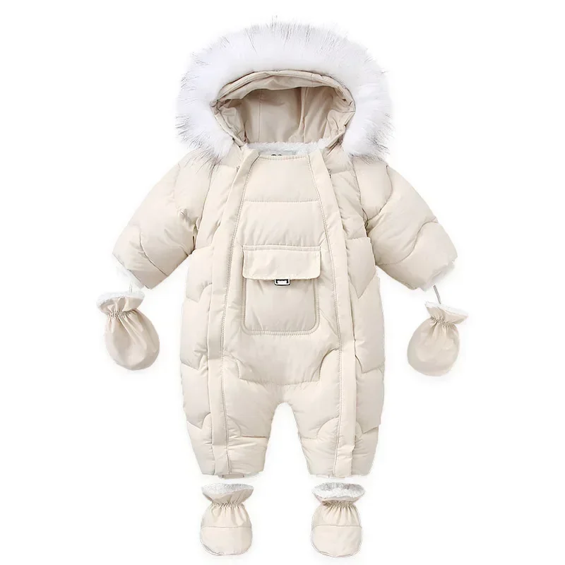 

2024 Winter Newborn Thickening Jumpsuit Built-in Wool Hooded Down Romper Baby Boys and Girls Warm Snowproof Overalls