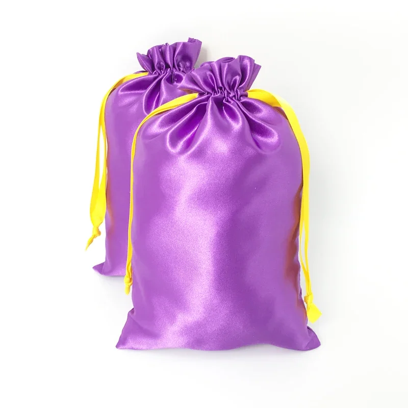 Purple Silk Gift Bags Satin Drawstring Pouch Makeup Shoes Clothes Virgin Hair Wig Cosmetic Packaging Bag Storage Print 20PCS