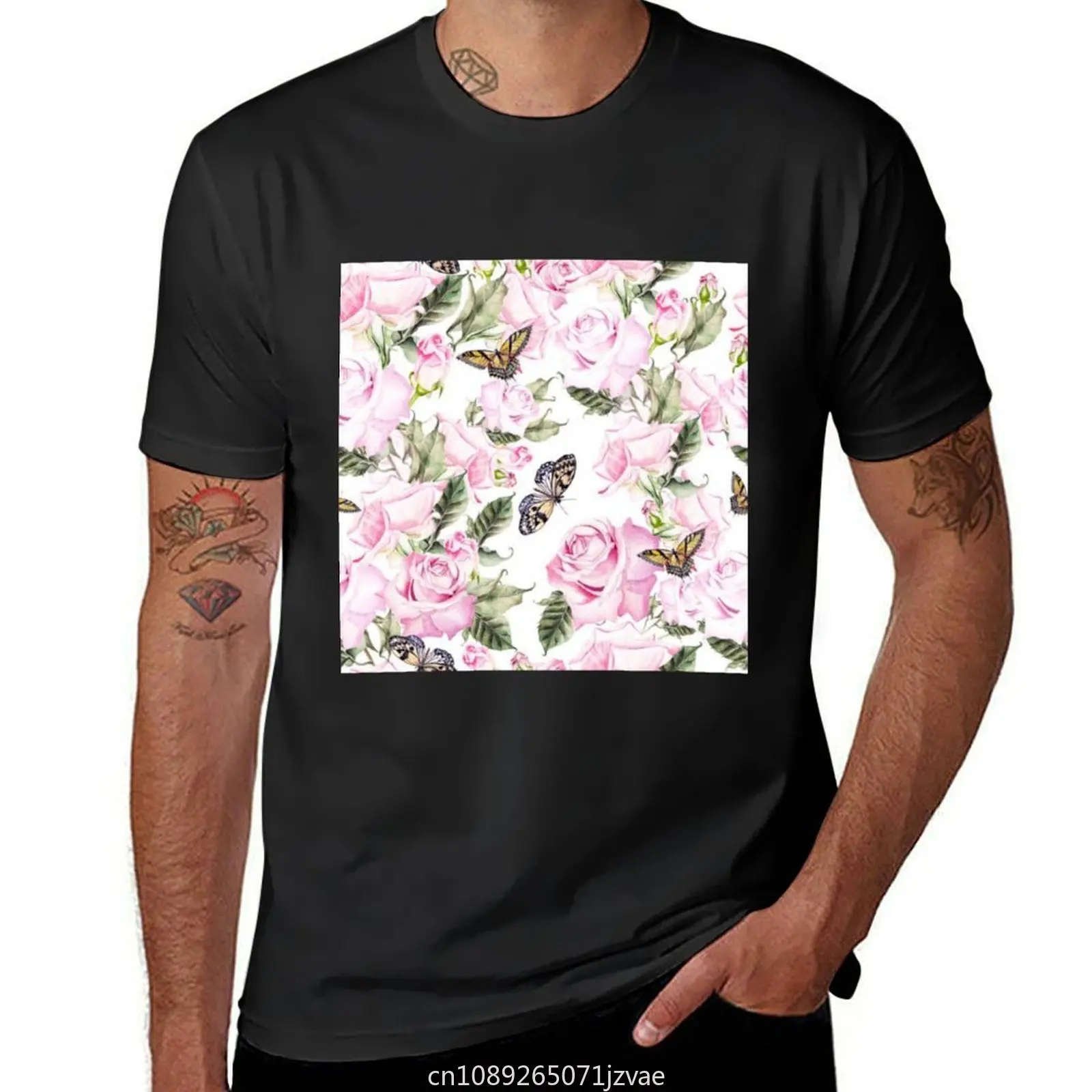 Rose and butterfly pattern T-shirt customs design your own quick drying boys animal print summer clothes fitted t shirts for men