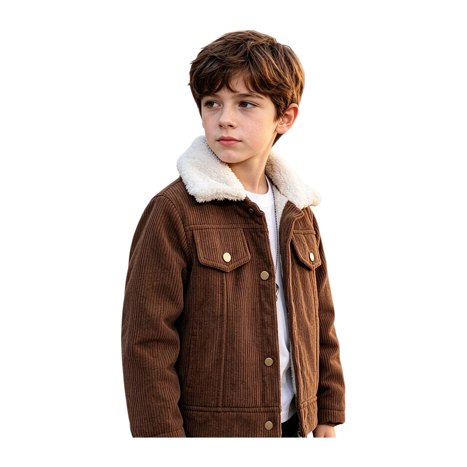 Kids Boys Fleece-lined Corduroy Jacket Furry Collar Long Sleeve Button Fake Pocket Coat for Casual Daily Life Family Gathering