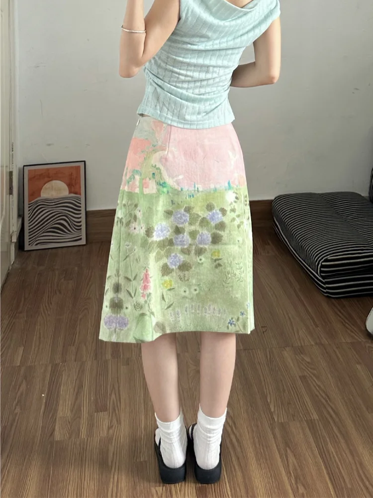 Women Two Piece Set Off Shoulder Ribbed Knit Top Dog Floral Print Midi Skirt Y2K Cottagecore Fairycore Korean Cute Summer Outfit