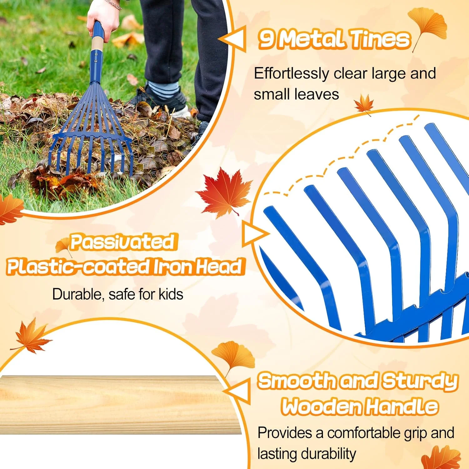 Kids Friendly Rakes for Leaves -  Child Size Small Rake with Durable Metal Head & Hardwood Handle, Real Lawn Garden Yard Tool