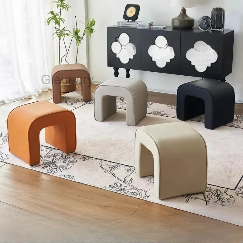 Modern Luxury U-Shaped Ottoman with Leather Upholstery, Multi-Color Versatile Footstool & Vanity Stool for Entryway, Bedroom