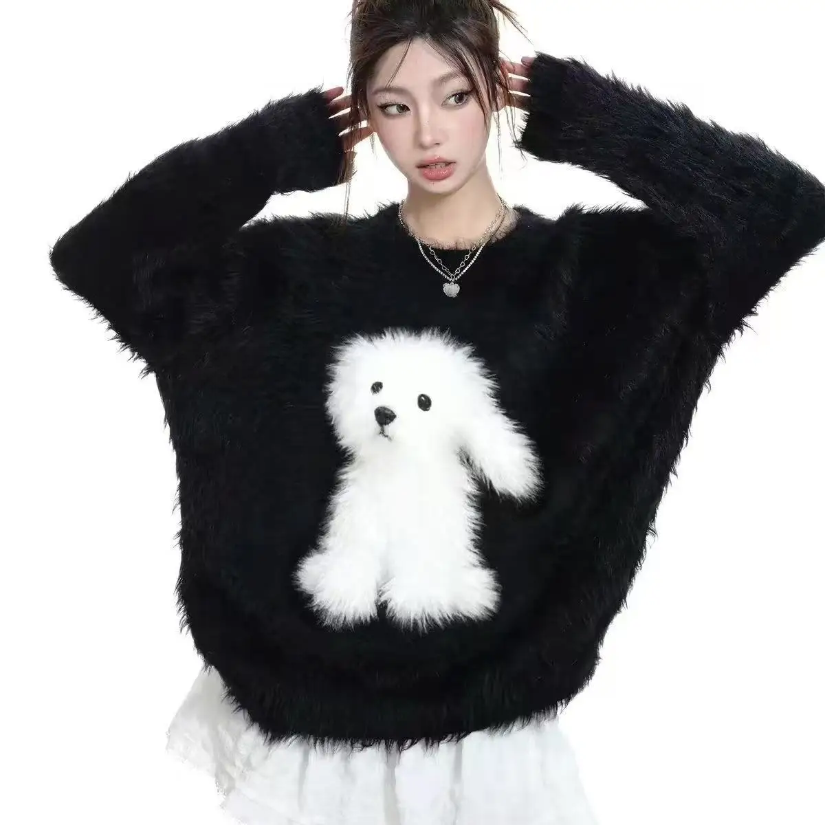 Y2K Kawaii Street Style Women Fuzzy Plush Sweater Puppy Dog Knit Pullover Oversized Drop‑Shoulder Cozy Statement Winter Jumper
