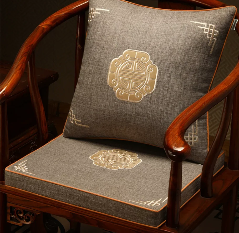 New Chinese Style Embroidery Chair Cushion Linen Fabric Square Seat Pad Non-slip Thick Cushion for Mahogany Round Chair Tea Room
