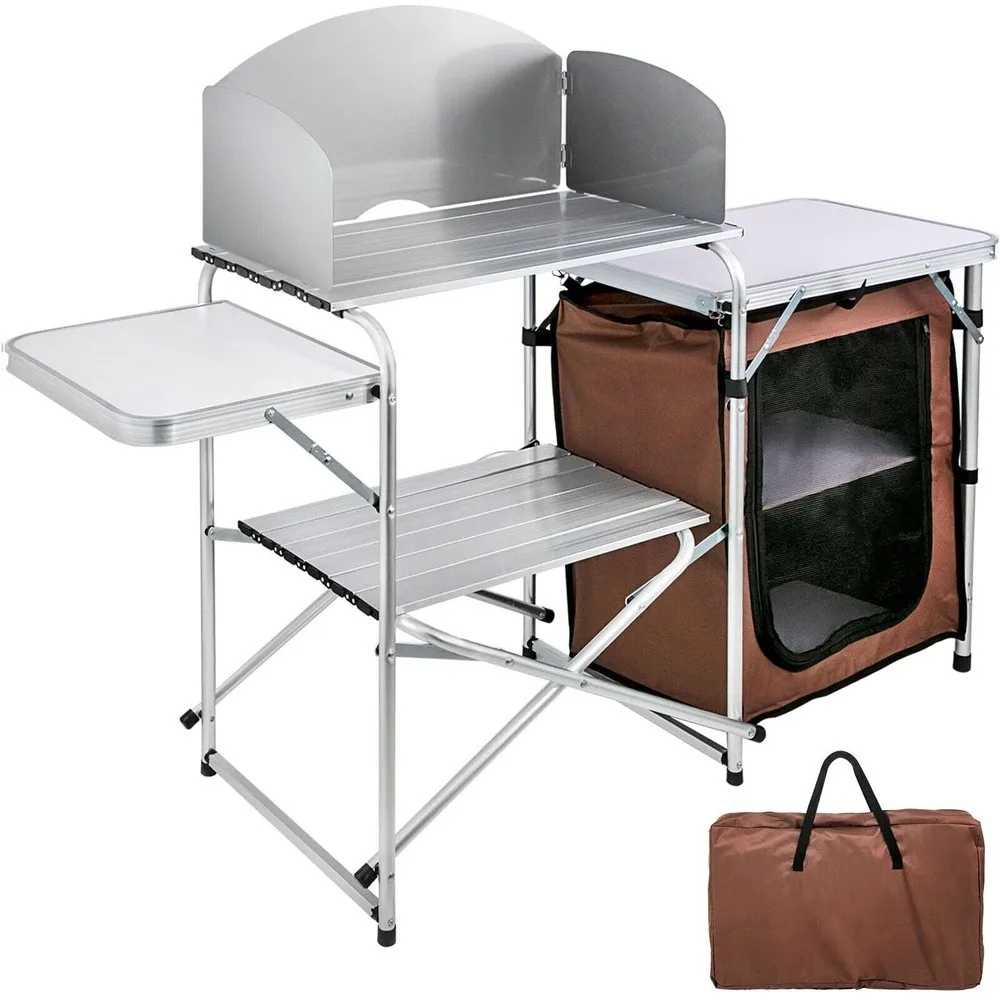 For Camping Kitchen Table Picnic Cabinet Folding Cooking Storage Rack Portable Brown