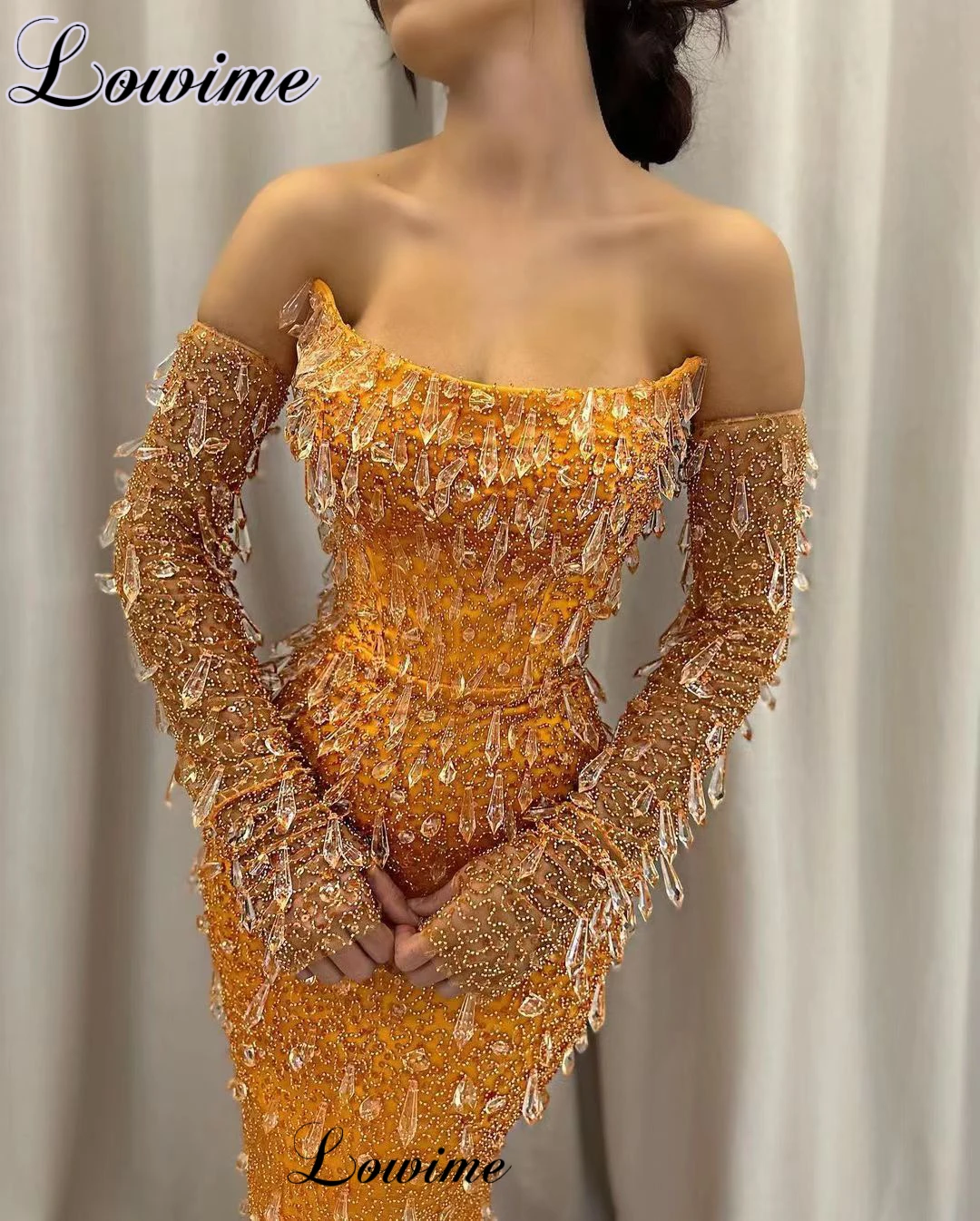 Crystals Orange Mermaid Evening Dresses Strapless Elegant Wedding Guests Dresses High Luxury Robes De Soirée Grand Party Gowns