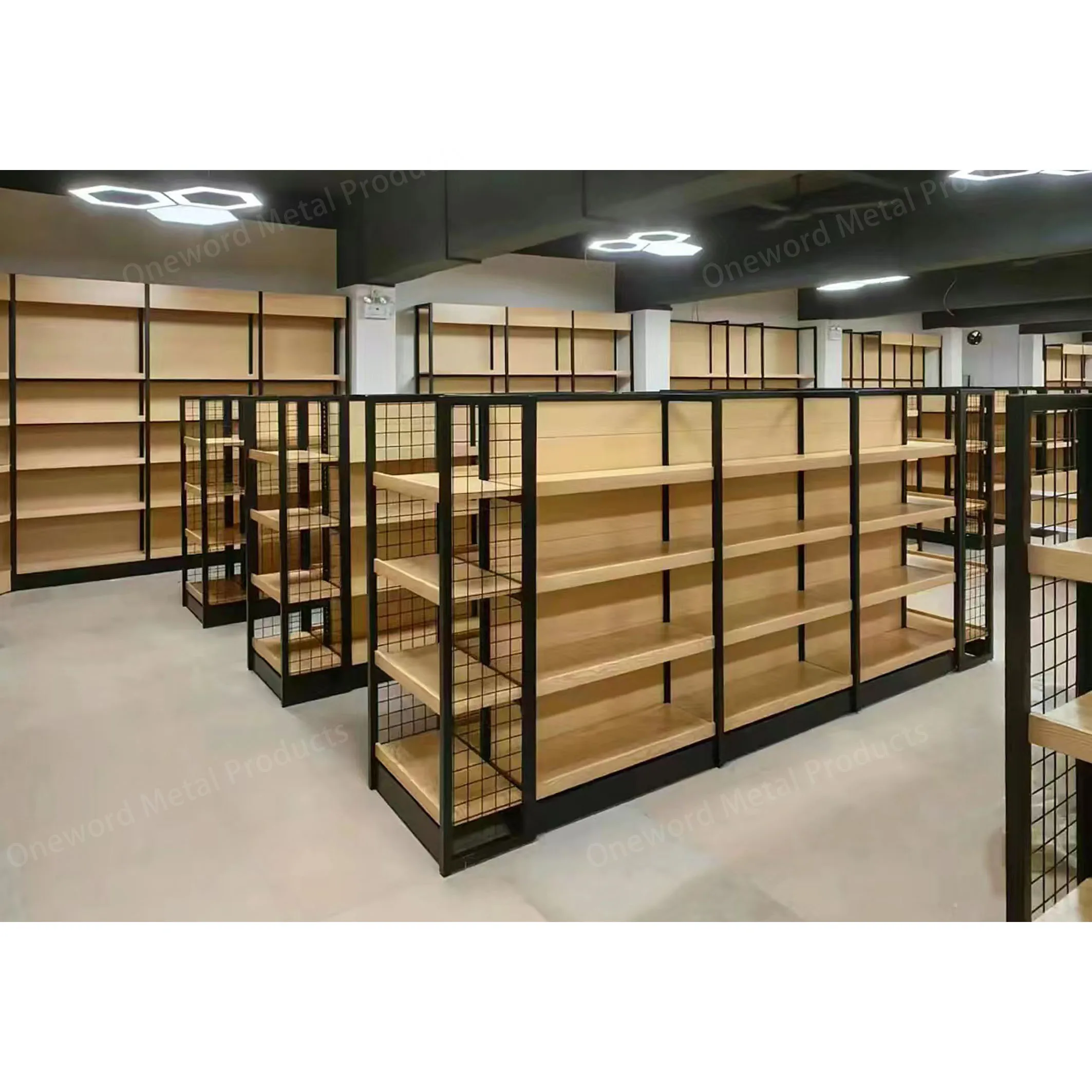 Rak Supermarket Kayu Baja Custom, Rak Penyimpanan Kayu, Rak Gondola Supermarket