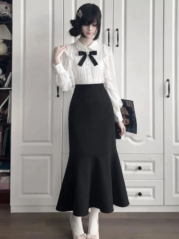 Elegant Pearl Collar Long Sleeve Shirt High Waist Fish Tail Skirt Two Piece Set Women's Early Autumn Slimming Bodycon Outfit