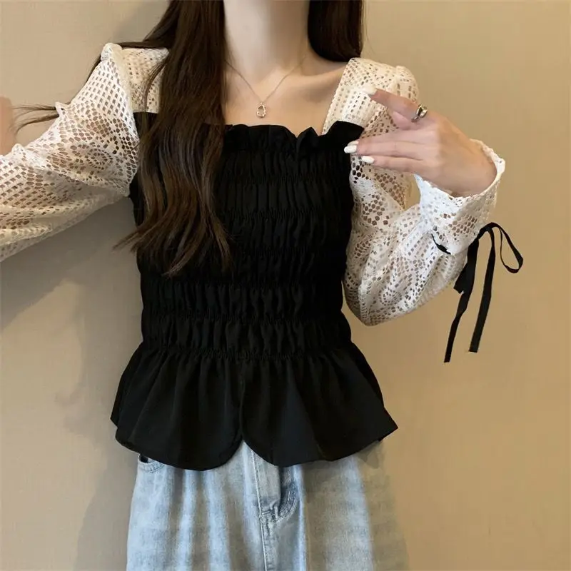 Hollow Out Patchwork Shirt Tops Spring Autumn New Fake Two Piece Contrast Slim Lace Korean Blouse Fashion Elegant Women Clothing