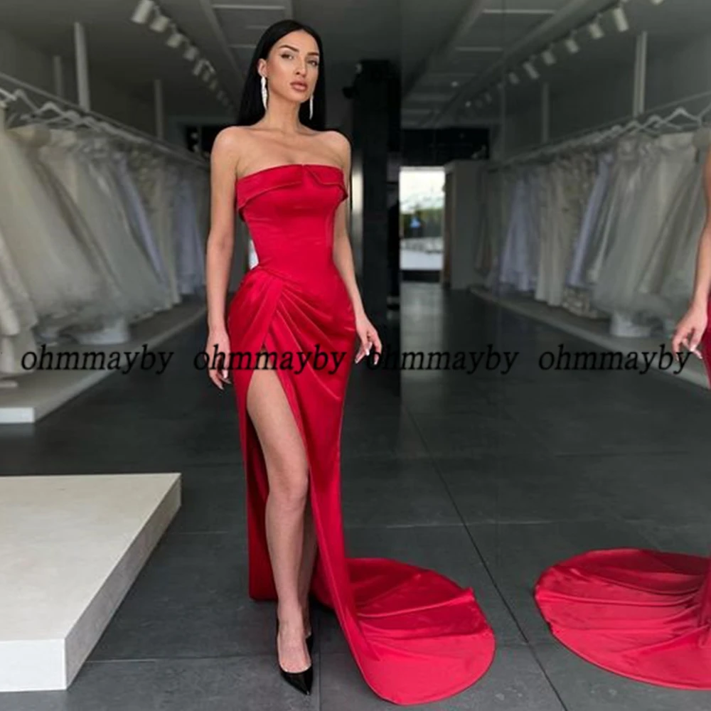 Boat Neck Red Asymmetrical Evening Dresses Sleeveless Jersey Court Train Prom Gowns 2024 New Summer Vestidos De Fiesta Zipper