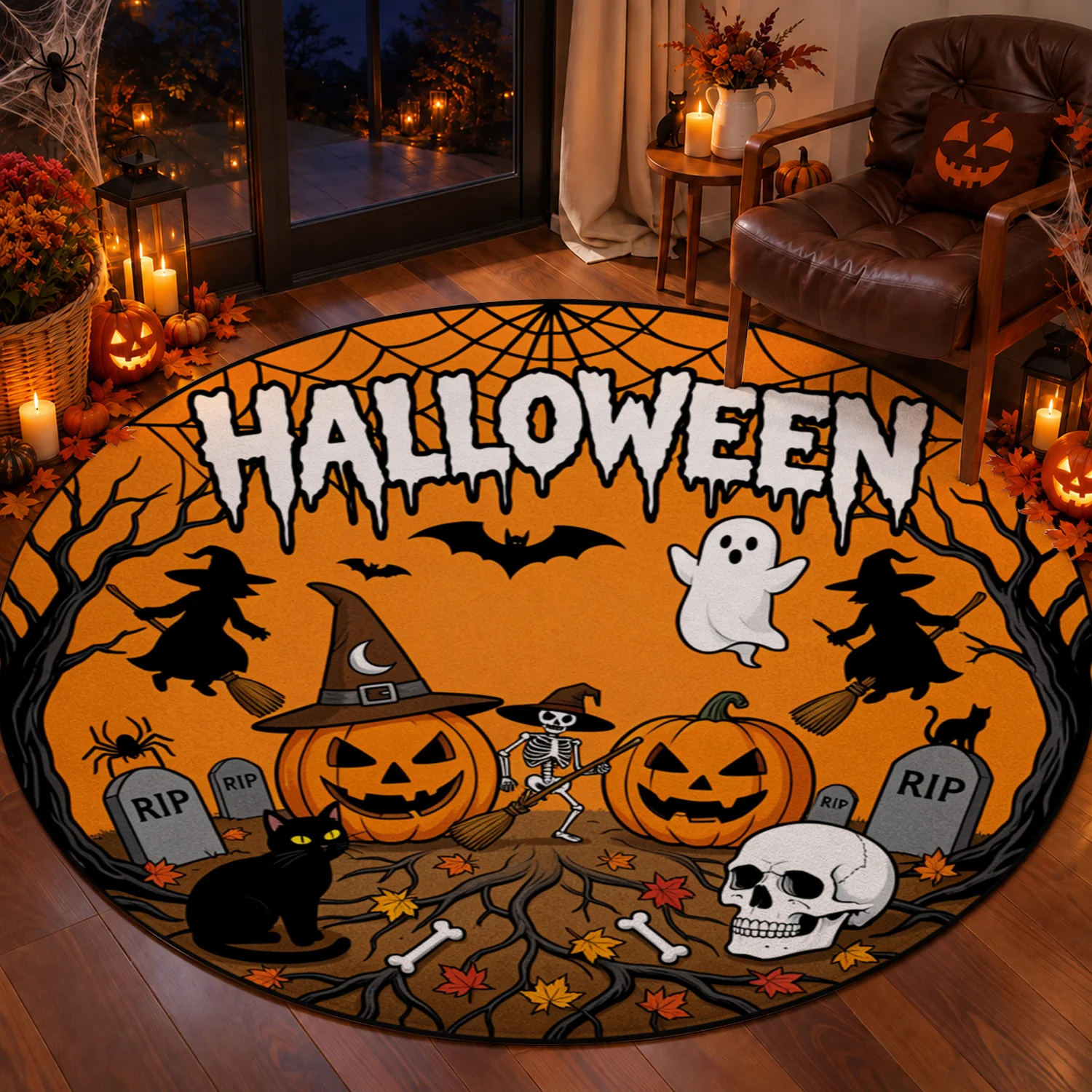 Halloween Spooky Pumpkin Witch Ghost Bat Skull Design Round Rug Velvet Machine Washable for Living Room Entryway Dining Room Bedroom Perfect for Halloween Thanksgiving Black Friday Cyber Monday Christmas New Year