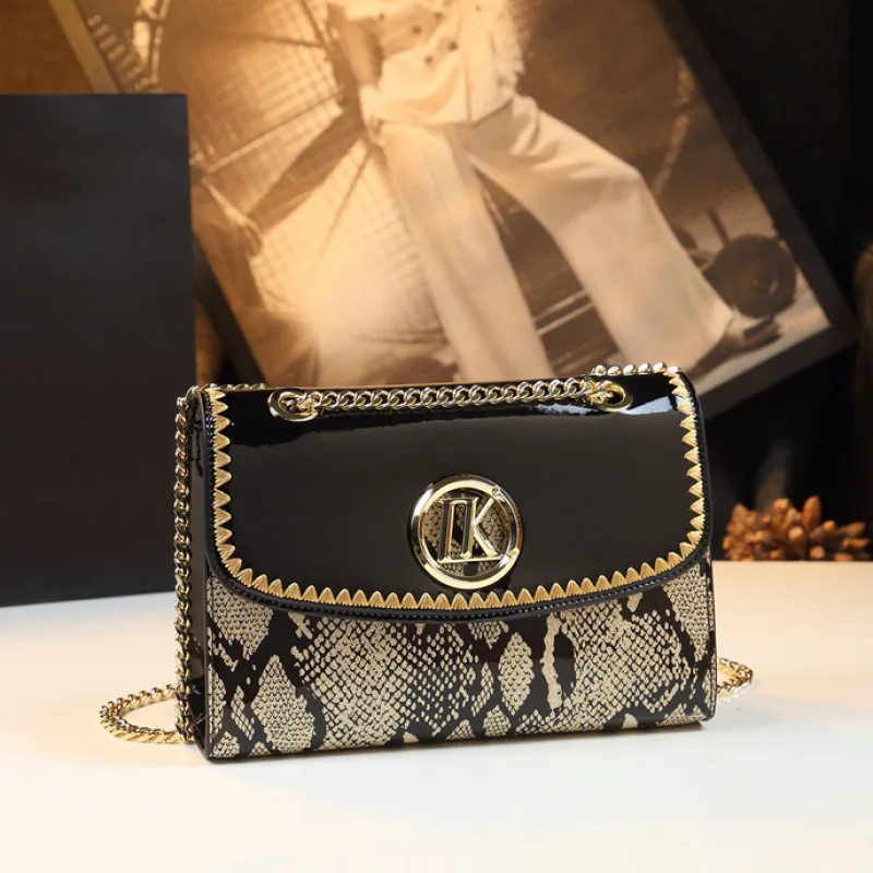 Snake-patterned patchwork shiny flap chain bag with embroidered edges, metal round, and clasp, light luxury crossbody small