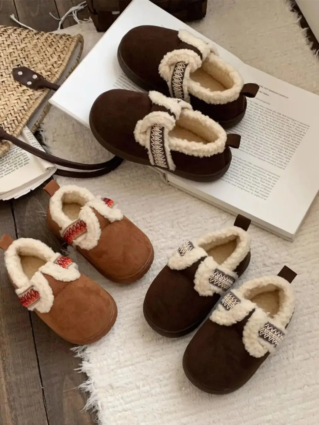 Autumn Winter Retro Patchwork Colour Slippers Outer Wear Casual Non-slip Warm Fleece Soft Comfortable Female Women