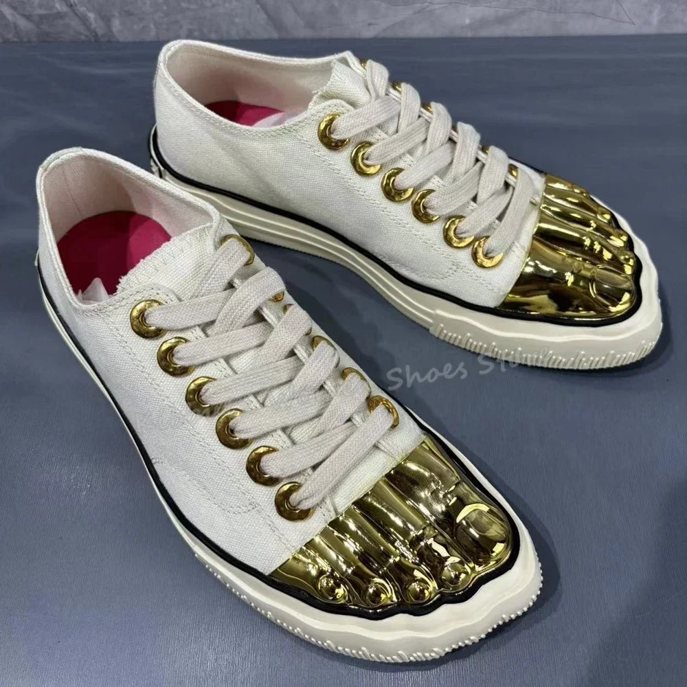 Five Finger Shoes Golden Brass Canvas Fashion Sexy Novelty Concise Luxury Women Shoes Newest Lace-Up Round Toe Height Increasing